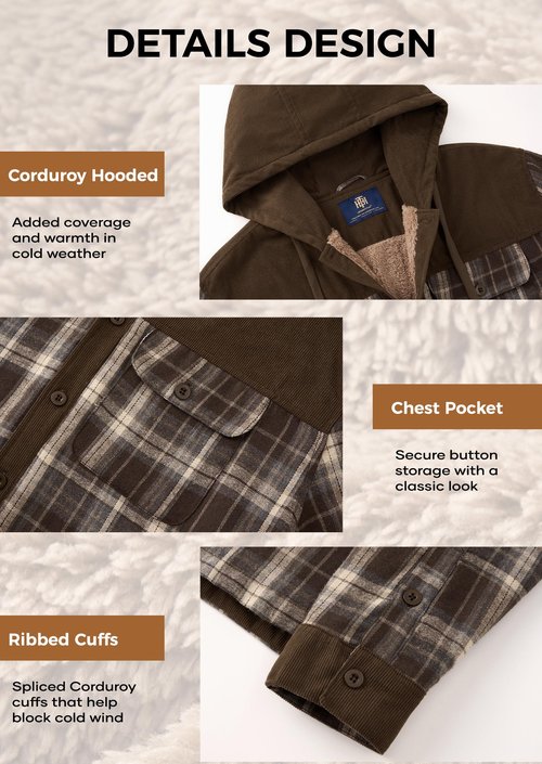 Herberton Mens Casual Thermal Jacket Insulated Cool Coat Sherpa Lined Plaid Flannel Hooded Corduroy Button Warm Fluff Classic Longsleeve Cotton Color Block Hoodie Brown - Plaid XL