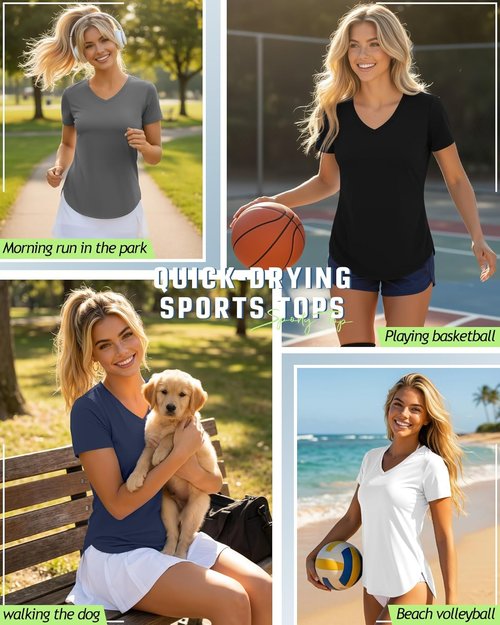 Locoowai Women's Workout Shirts - V Neck Quick Dry UV Protection Tee | 5 Pack, Short Sleeve, Curved Hem