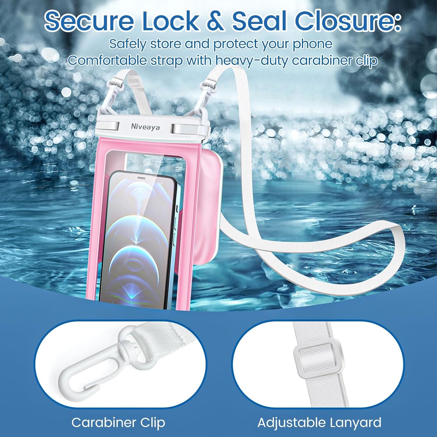 Niveaya Floatable Waterproof Phone Pouch - 2 Pack with Adjustable Neck Lanyard | Fits Up to 8.5" Devices