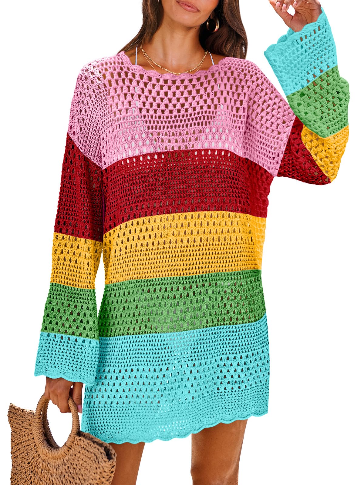 ANRABESS Women Swimsuit Crochet Swim Cover Up 2026 Summer Bathing Suit Swimwear Mesh Knit Beach Dress Vacation Outfits Rainbow Stripe Small