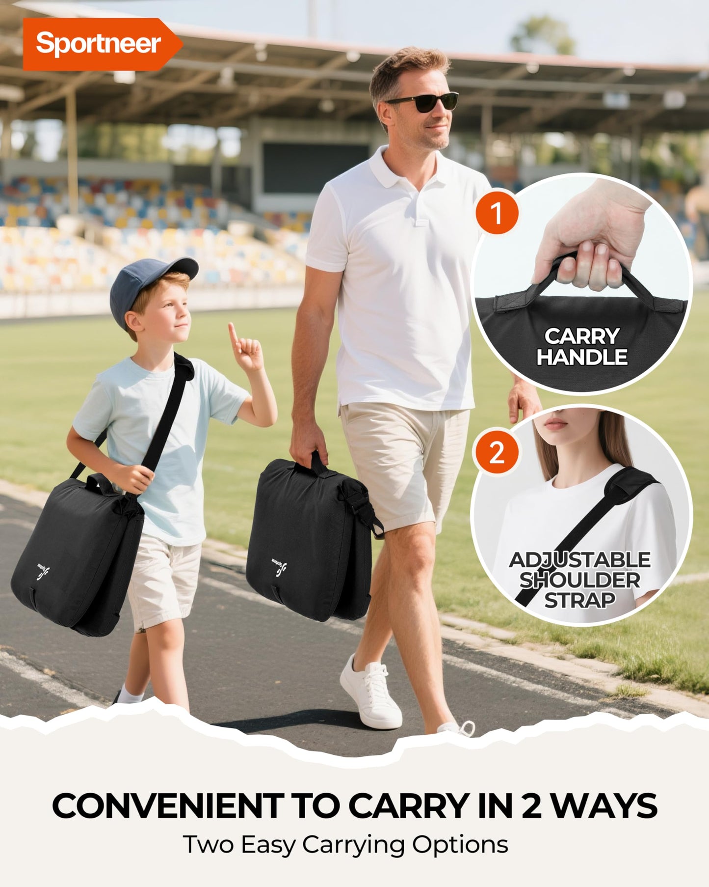 Sportneer Stadium Seats with Back Support: 6 Reclining Positions Bleacher Seat with Carry Handle & Storage Pocket - Folding Bleacher Chairs with Back and Cushion for Sports Outdoors Events, Black