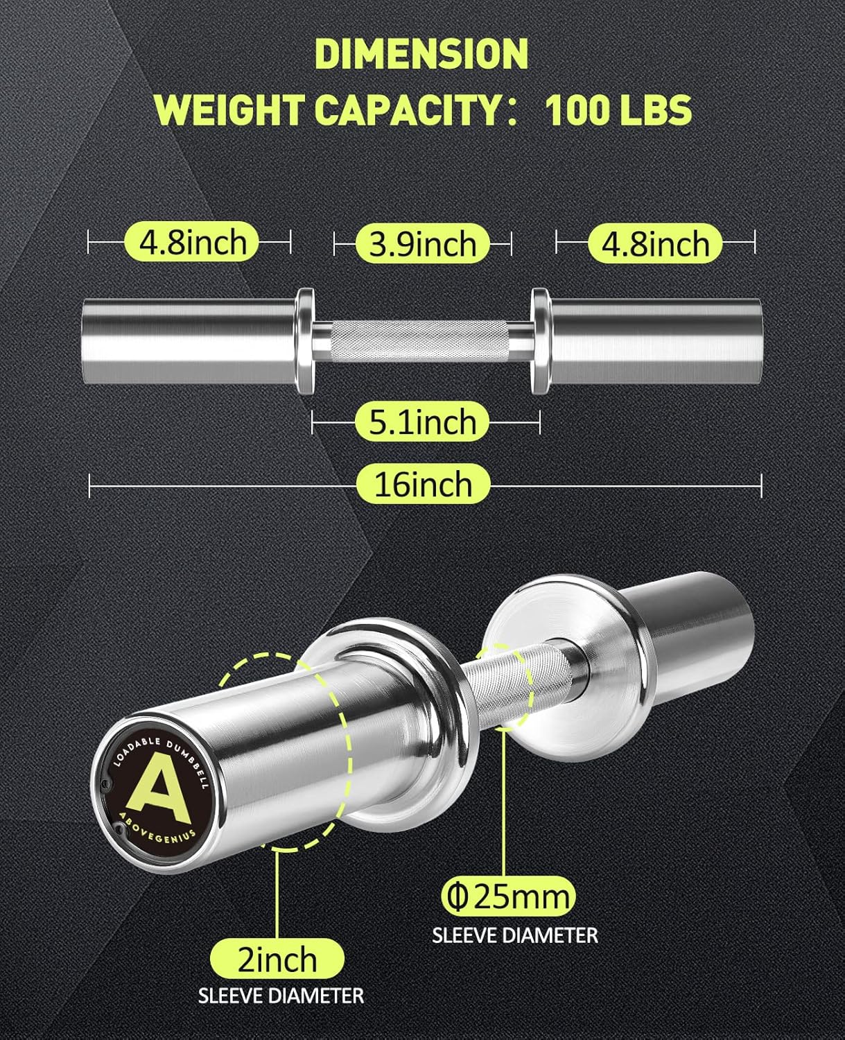 Skiennix 16-Inch Olympic Dumbbell Handles - Solid Steel Loadable Weight Bars for 2-Inch Plates