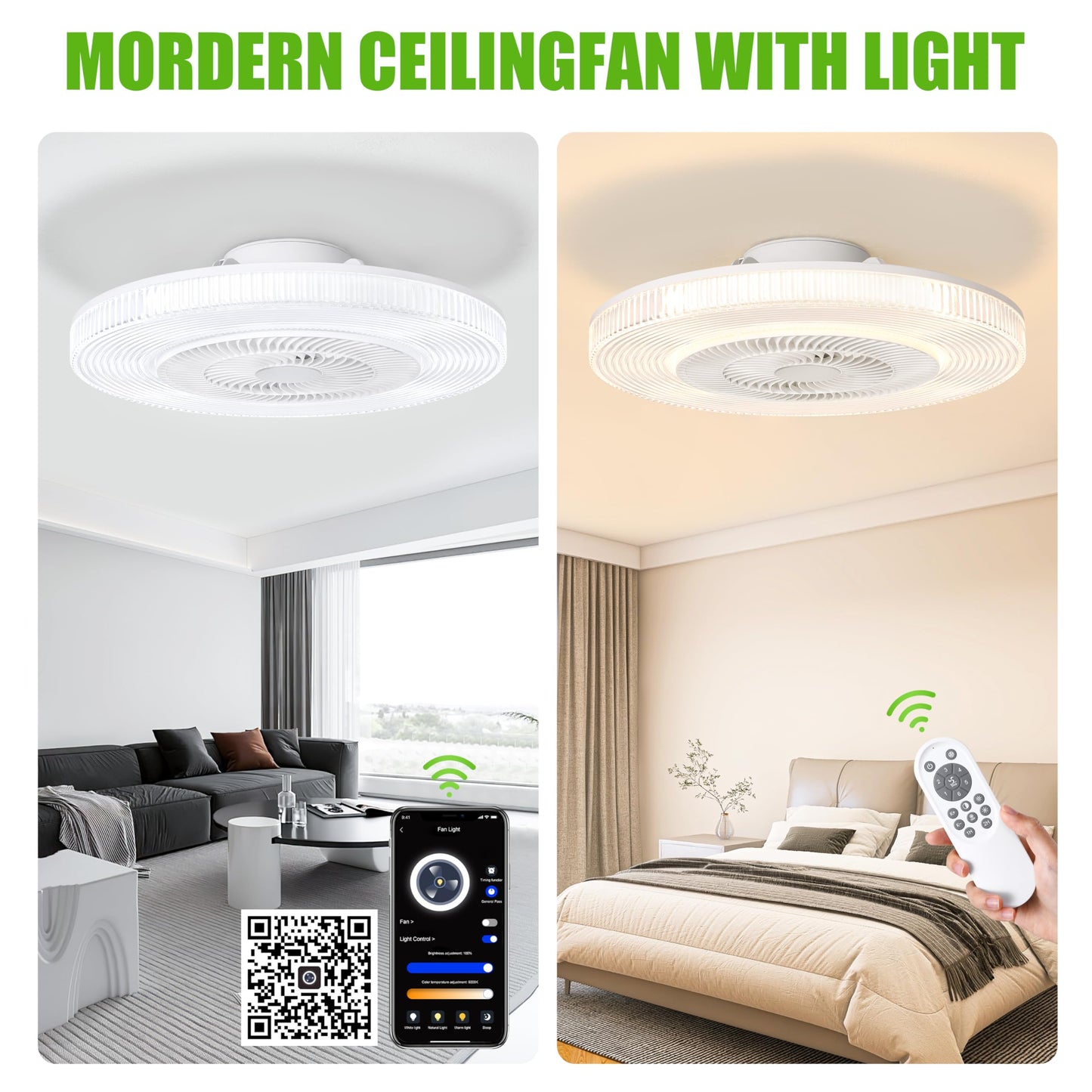 White 20" Modern Low Profile Ceiling Fan with Light and Remote, Stepless Color Temperature and Brightness Adjustable, 6 Wind Speeds, Suitable for Bedroom, Kids Room, Living Room and Study Room