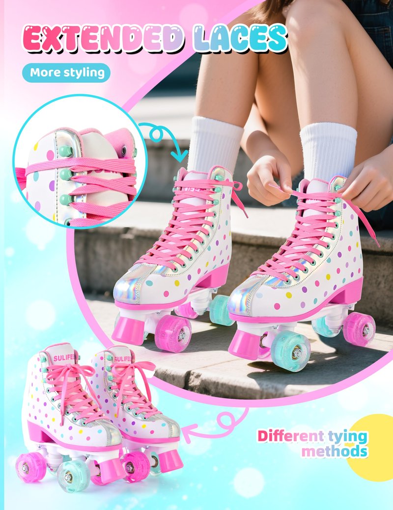 SULIFEEL Roller Skates for Girls and Women with Light up Wheels and Polka Dot Pattern, Kids and Adult Roller Sktes for Outdoor and Indoor Use