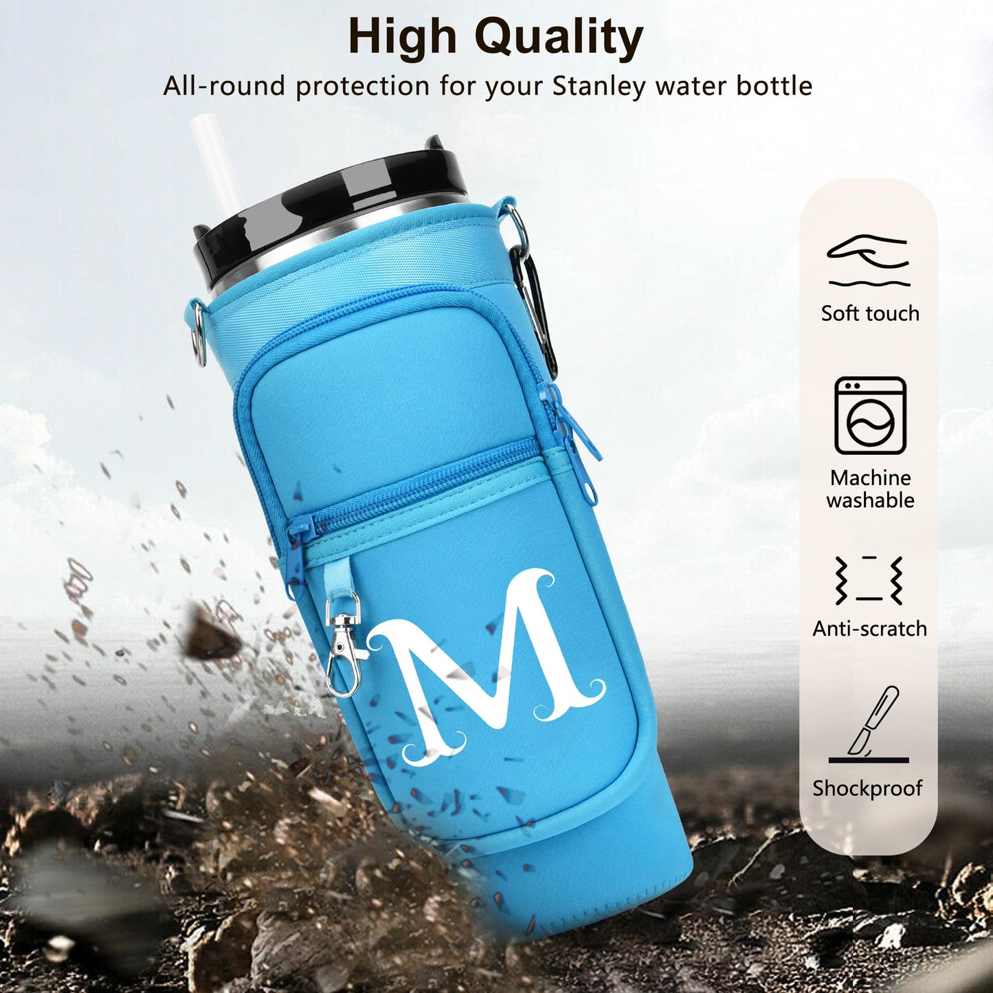 LOKASS Personalized Water Bottle Holder with Strap for Stanley Cup Accessories 40 oz, Initial for Stanley Cup Holder Carrier Bag with Phone Pocket, Hands-Free Tumbler Carrier for Travel Gym Walkin