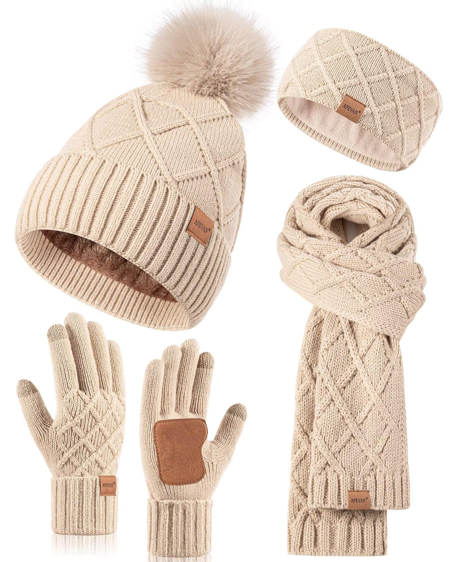 Womens Winter Hat Gloves Scarf Headband Set, Pom Pom Beanie with Fleece Lined Long Knit Neck Scarf Touchscreen Gloves Ear Warmer Headwear, 4 in 1 Warm Christmas Set for Cold Weather(Oatmeal)