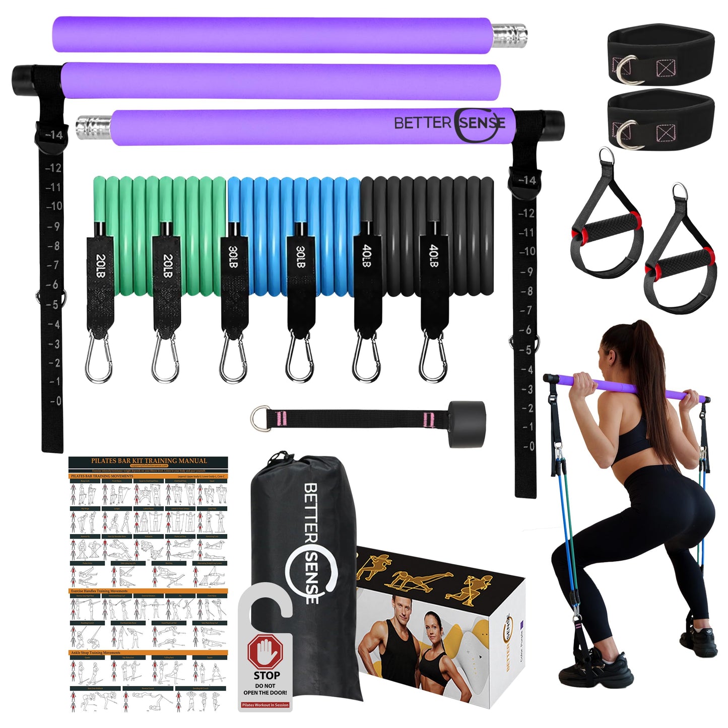 Pilates Bar Kit with Resistance Bands – Adjustable 39” Steel Bar & 6 Stackable Bands (40-180lbs), Full Body Pilates Kit for Home Workouts for Women & Men, Portable Pilates Reformer Strength Training