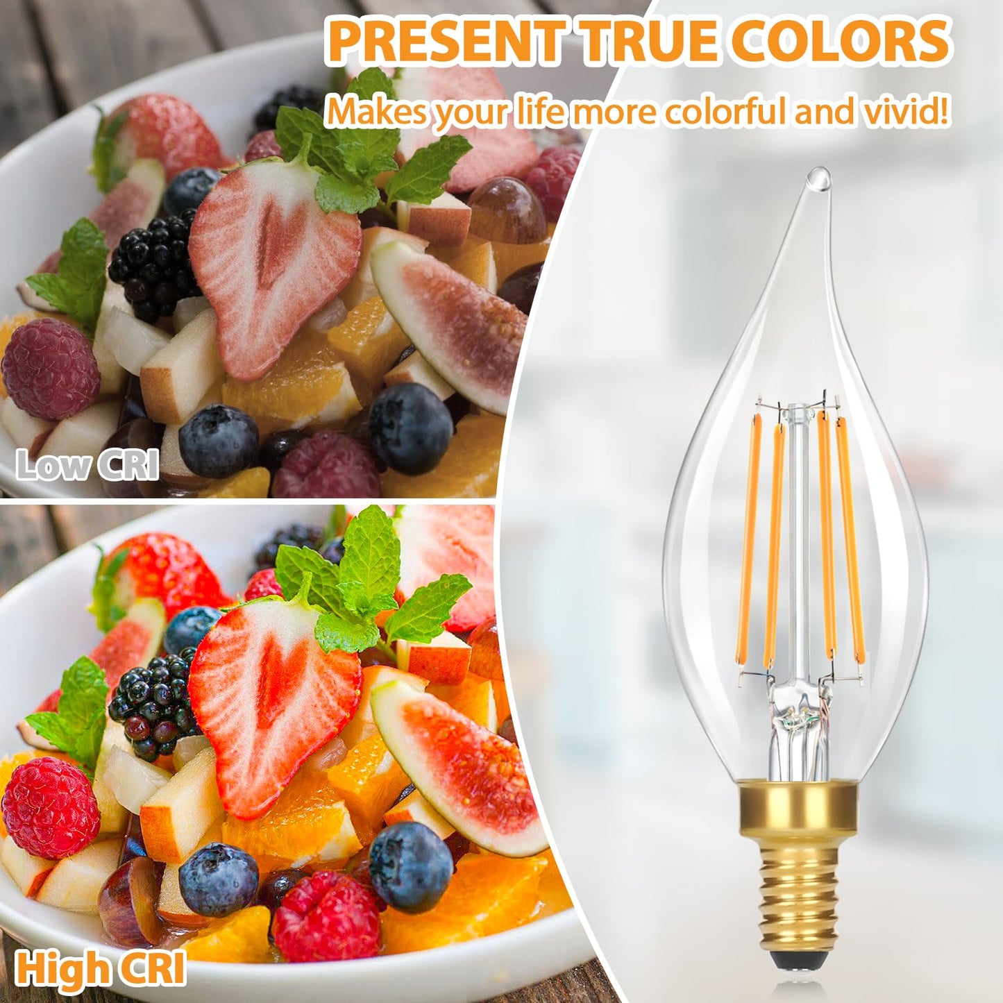 GoBright Dimmable LED Candelabra Bulbs 2700K Soft Warm White, 60W 630LM Candle Light Bulb with Vintage Flame Tip, 6W Clear Glass LED Bulbs for Chandelier, Pendant, 6-Pack