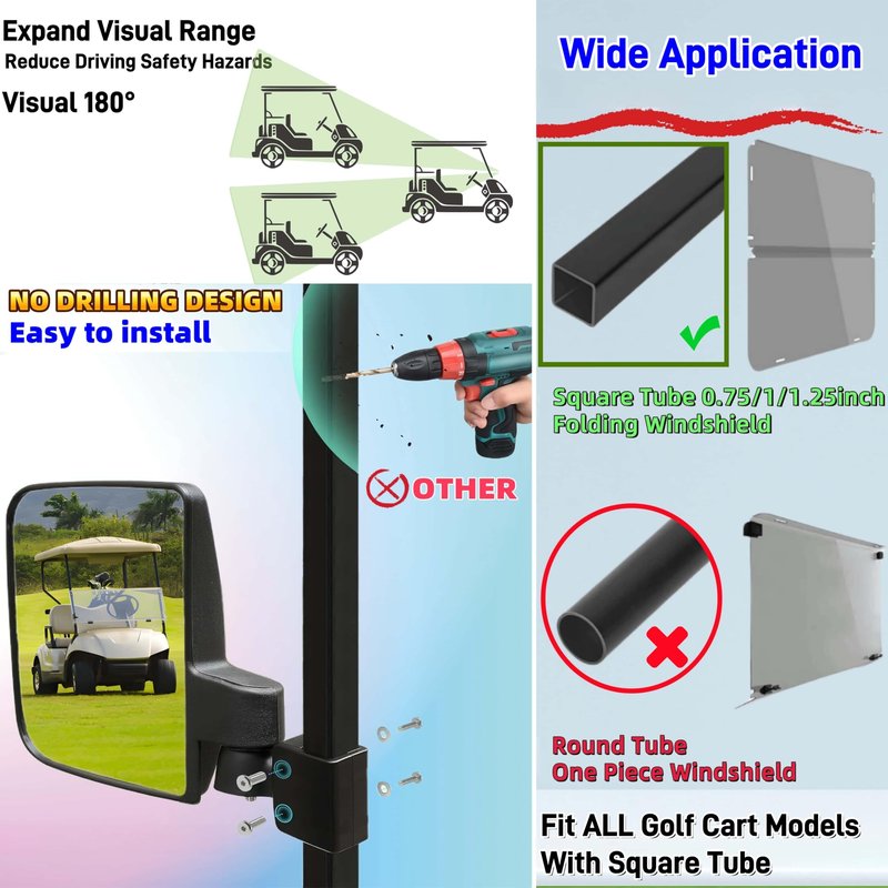 WUKO HUNT Golf Cart Side Mirrors - No Drilling Extra Large HD Glass, Universal Fit for EZGO, Yamaha, Club Car & EPI. 180° Adjustable Folding Rear View Mirrors with 3 Size Clips