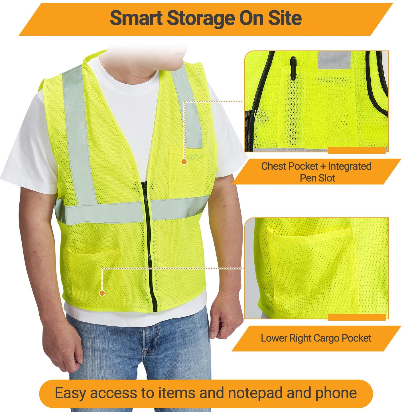 AYKRM Men's Safety Vest 2 Pockets Reflective High Visibility Class II Mesh Vest for Women & Men Meets ANSI Standards Yellow Safety Vest with Reflective Strips