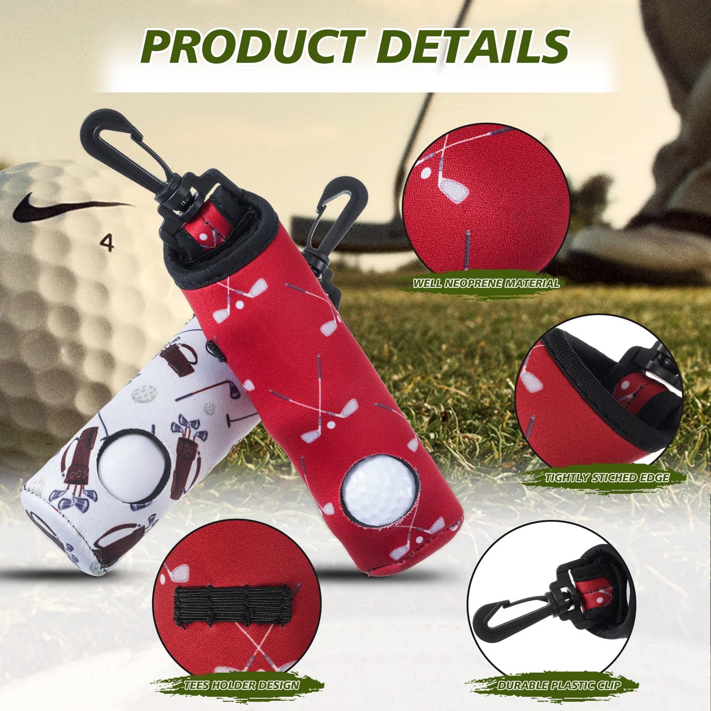 Chivao 4 Pieces Golf Tee Holder Golf Ball Carry Bag Pouch Ball Holder Keychain Belt Clip Gifts Accessories(Vivid Color,Golf)