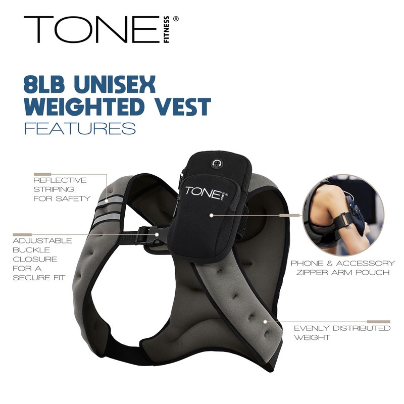 TONE Fitness 8LB Weighted Vest Gray – Unisex Workout Vest with Phone Pouch, Reflective Strips, and Adjustable Fit for Walking, Running, Cardio, and Strength Training