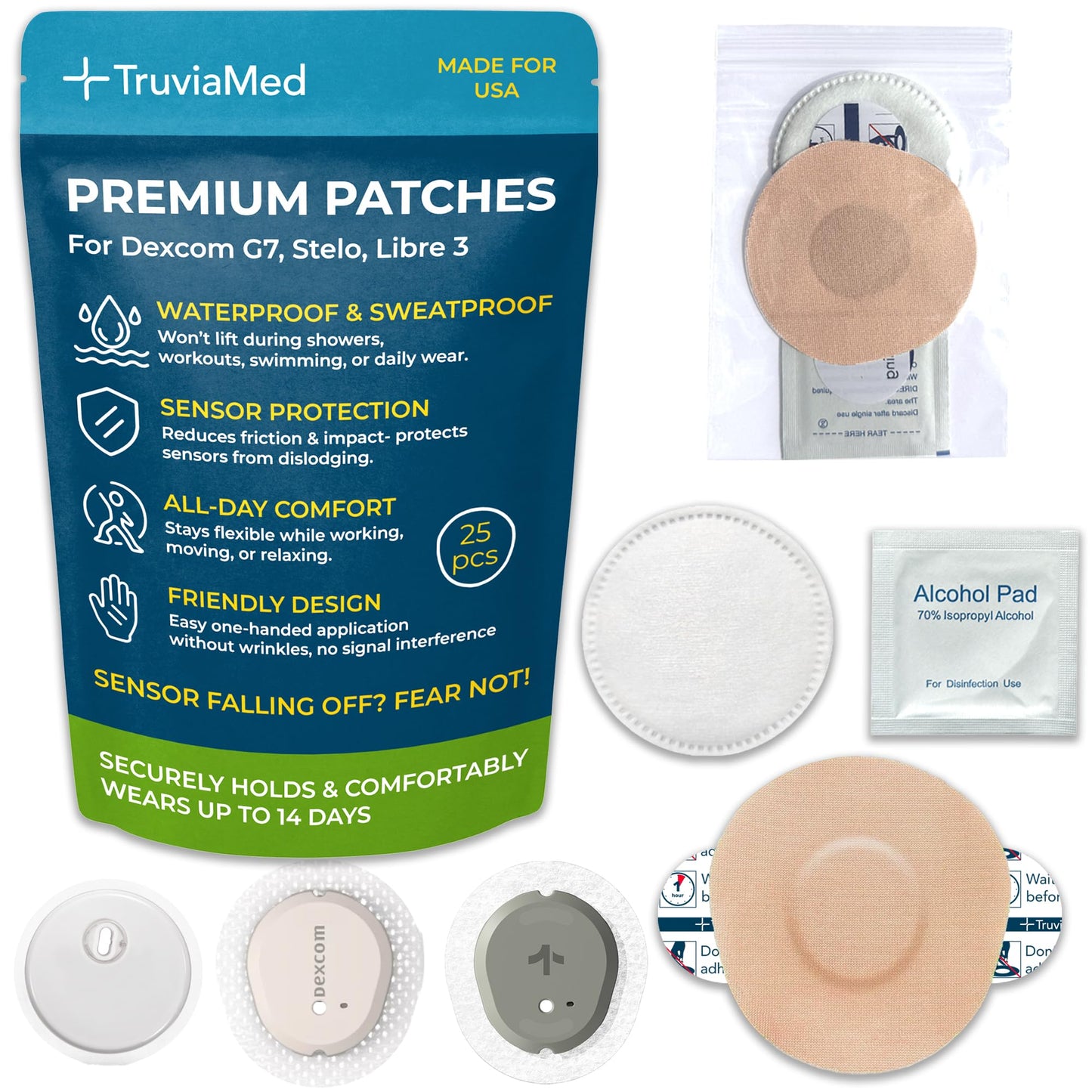 Waterproof Adhesive Over Patches for Dexcom G7, Stelo, Lingo, Libre, 25 Pack Skin Grips, Patch CGM Covers, Overlay Grip Cover, Sensors Tape Stickers, Overpatches Glucose Guards (Sensor Not Included)