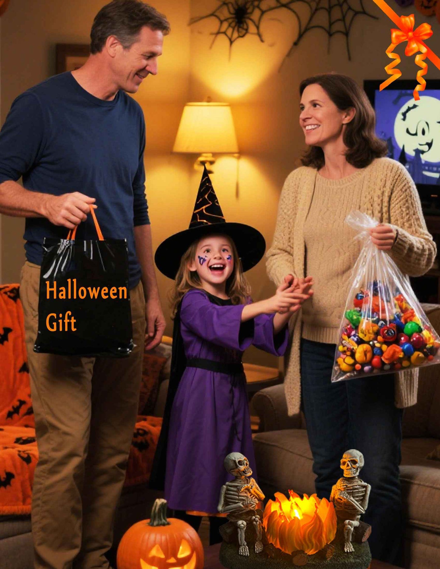 Htscudtg Halloween Skeleton with Pumpkin Campfire Nightlight, Flickering 3D Flameless Lights Halloween Indoor Decor, Light Up Jack O Lantern, Scary Skull Statue Lamp for Table Mantel