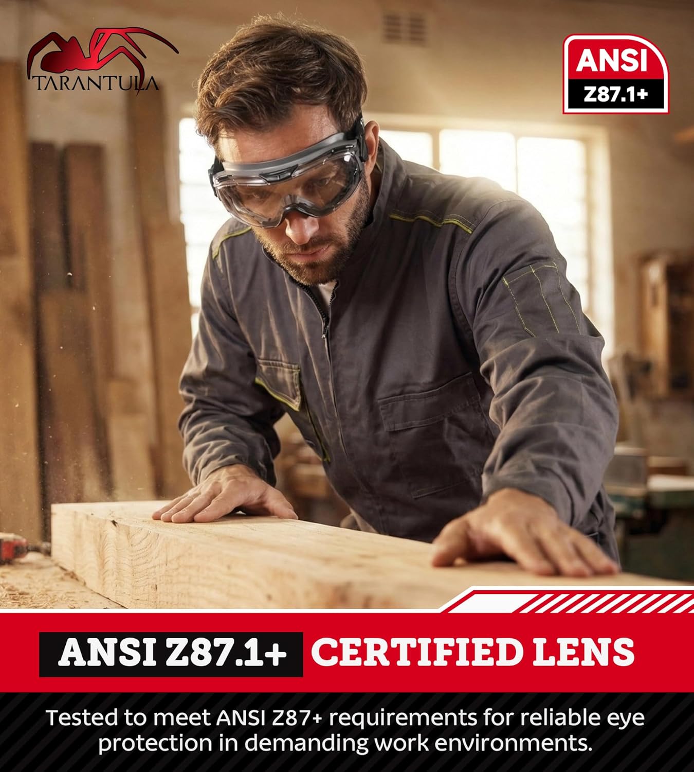 Tarantula Safety Goggles - ANSI Z87.1+ Over Glasses, Anti-Fog & Anti-Scratch, Adjustable Strap | Lab Eye Protection