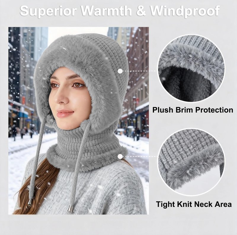 3 in 1 Beanie Hat with Scarf and Mask for Women, Winter Ski Mask & Neck Gaiter Set, Knitted Balaclava Hats for Cold Weather Gray