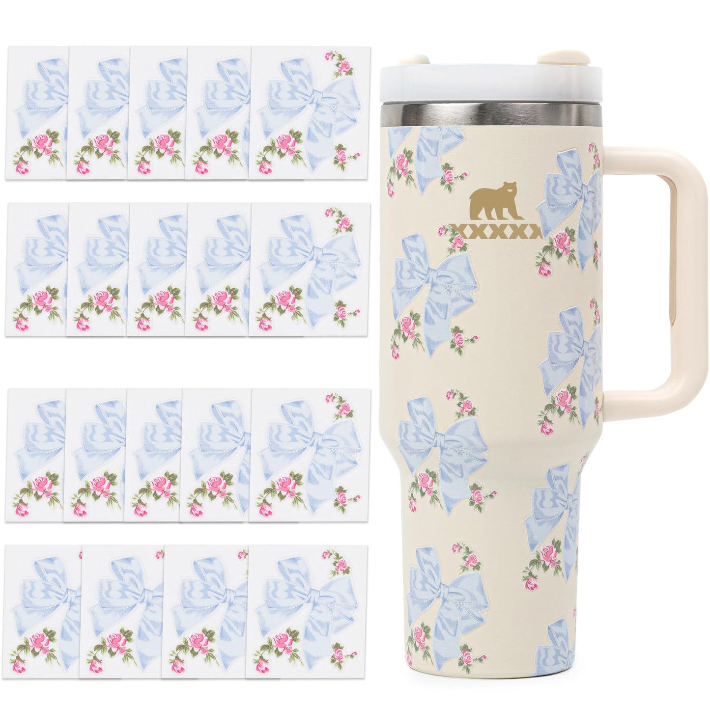 Kaitiaki Bows Stickers Compatible with Stanley Tumbler Accessories - Fits Holiday Quencher Tumbler 40 oz, Cute Decals Fit for Loveshackfancy Style Customization (Rosa Beaux Blue, 40 oz)