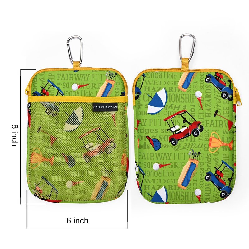 CAIT CHAPMAN HOME COLLECTION Golf Pouch Bag for Valuables, Tees, Zippered Pocket with a Clip Hook (Golf Icons)