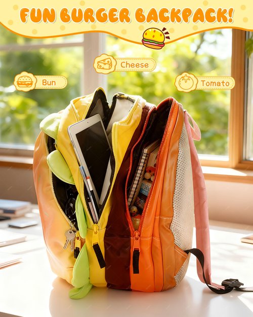 Hkufpq Cheeseburger Backpack, Hamburger Food Shaped Novelty Daypack, Multi-Compartment Burger Backpack