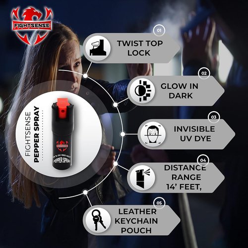 FIGHTSENSE Pepper Spray - Compact 1/2 oz Maximum Strength Formula | Best Self Defense Tool for Women with Leather Pouch Keychain