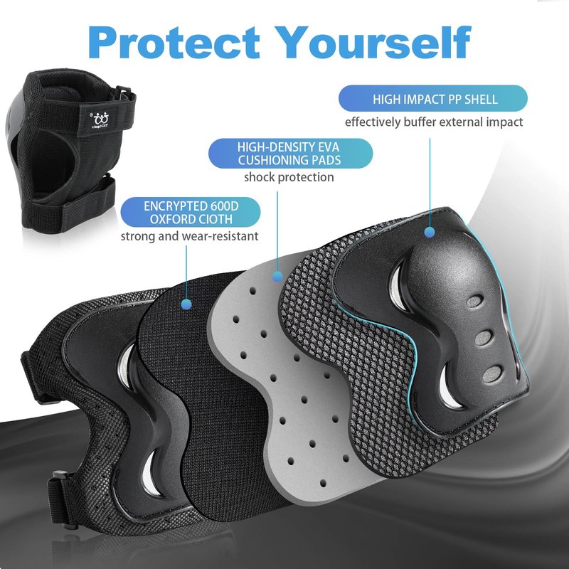 Kids/Youth/Adult Knee Pads Elbow Pads with Wrist Guards Protective Gear Set 6 Pack for Roller Skating Skateboard Cycling Skating Bike Scooter Riding Sports