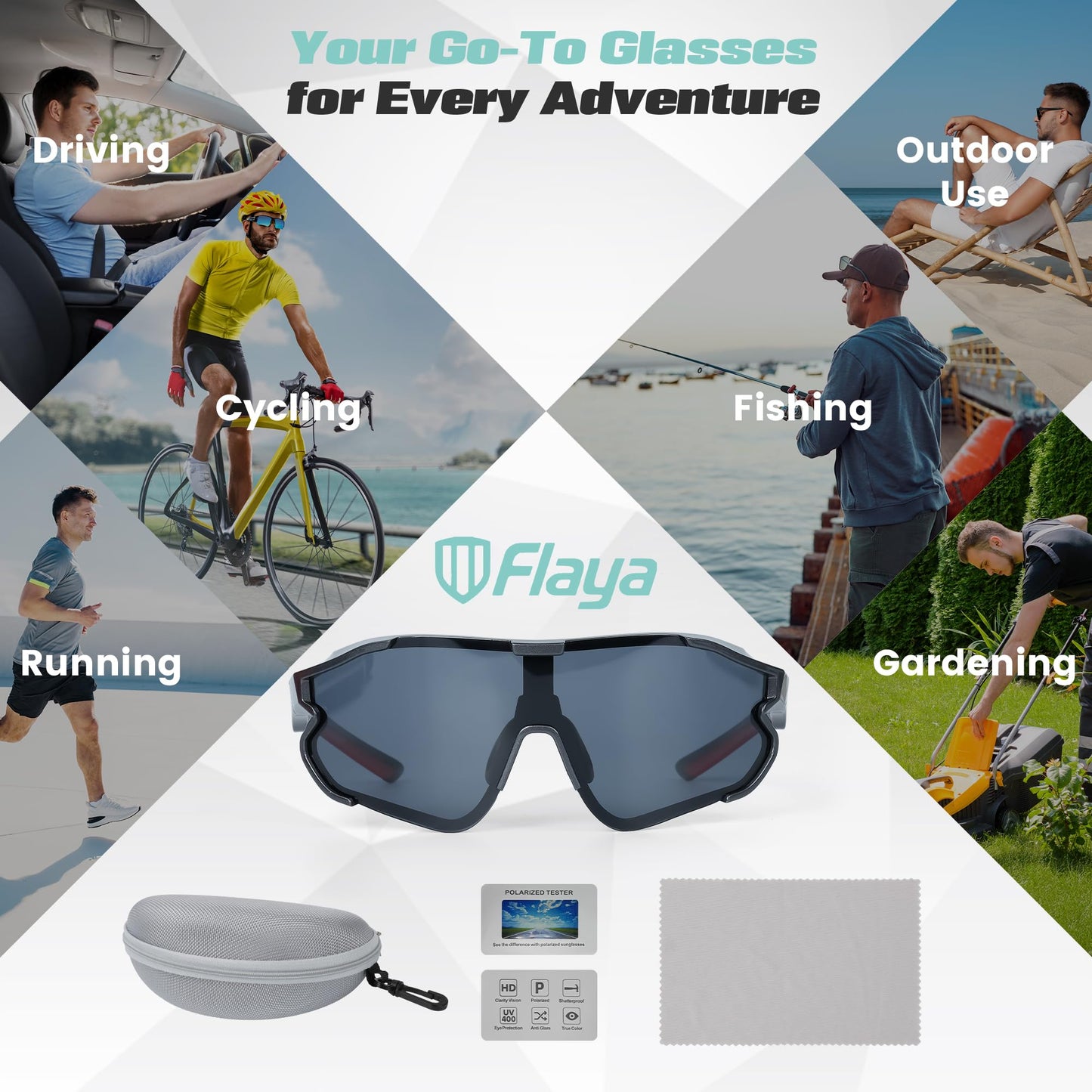 Flaya Polarized Sport Sunglasses for Men Women｜Ideal for Golf, Fishing, Running, Cycling, Driving, Hiking｜UV400 Protection Wraparound Large Lens Design Lightweight TR Frame & Adjustable Nose Pads