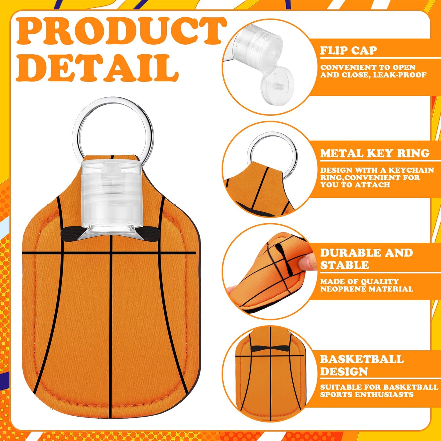 Kigeli 24 Set Softball/Basketball/Baseball/Soccer Hand Sanitizer Keychain Holders Bottle Team Gifts Empty Sports Party Favor(Basketball)