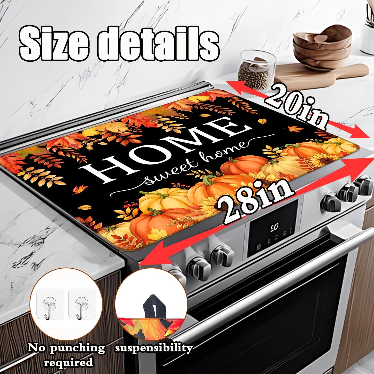 Fall Pumpkin Stove Cover For Electric Stove, 20x28 Glass Stove Top Mat Fall Black Heat Resist Electric Gas Range Mat Sweet Home Decor Glass Top Protector Kitchen Induction Cooktop Pad