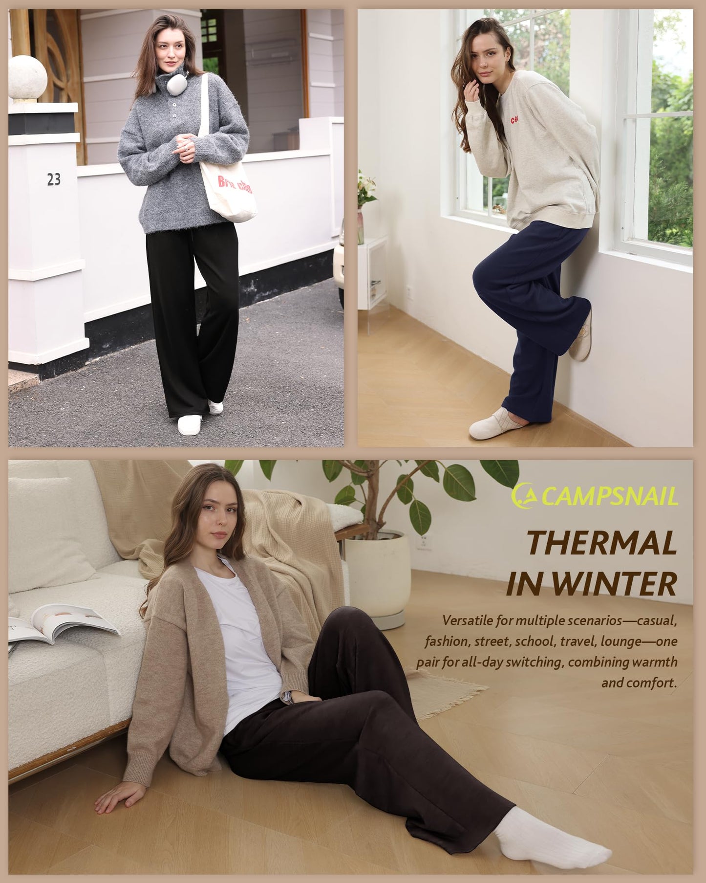 CAMPSNAIL Womens Fleece Lined Sweatpants Wide Leg Winter Warm Thermal Straight Leg Baggy Lounge Sweat Pants with Pockets Black