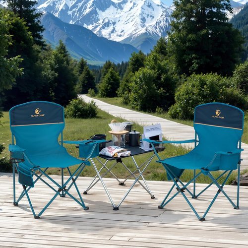 LET'S CAMP Folding Camping Chair 2-Pack - Portable Lawn Chairs with Cooler Bag & Cup Holder | Supports 350LBS, Blue
