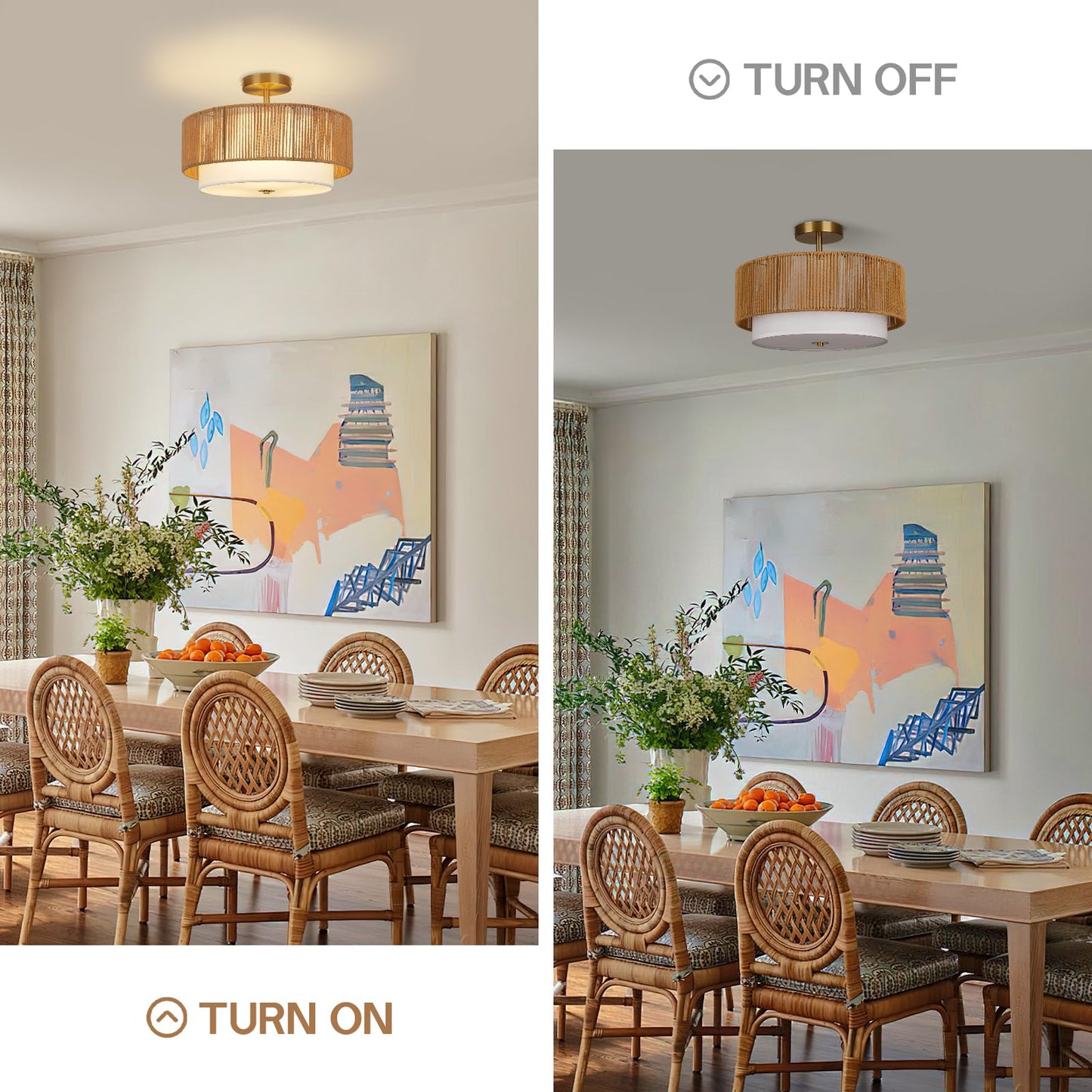 Scyvenra 16'' Semi Flush Mount Ceiling Light Fixture, Boho Light Fixtures with 2-Tier Drum White Fabric Shade, 3-Light Farmhouse Rattan Drum Light Fixture for Bedroom, Living Room, Kitchen