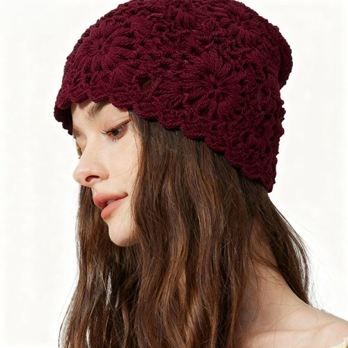 Hshsclth 100% Cotton Crochet Beanie Hat Handmade Knit Slouchy Floral Skull Hat Knitted Openwork Summer hat for Women (Dull Red)