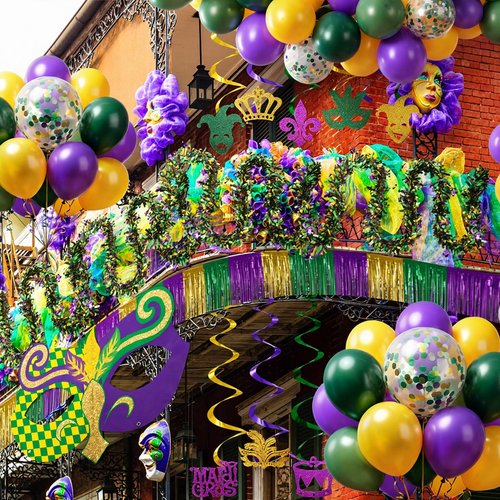 Motionchic 78 Pcs Mardi Gras Parade Golf Cart Decorations Float Golf Cart Mardi Gras Decor Purple Green Gold Balloon Tinsel Garland Banner Mask Curtain Hanging Swirl Decorations for Carnival Party