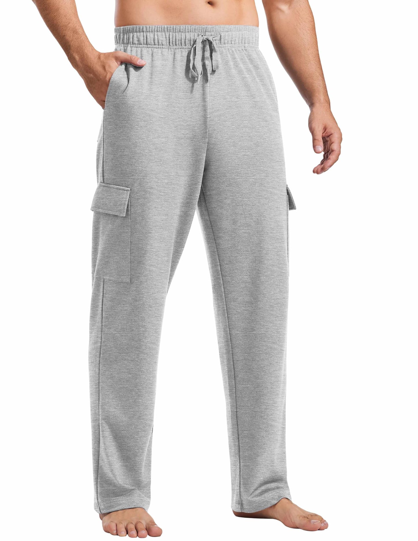 PINSPARK Cargo Sweat for Men Open Bottom Baggy Uncuffed Sweatpants Lounge Pants with Pockets Straight Leg for Casual Gym Light Grey