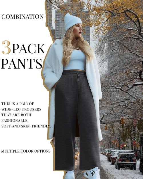 Evervibe 3 Pack Womens Plus Size Sweatpants Wide Leg Elastic High Waist Baggy Joggers Lounge Yoga Workout Pants with Pockets(Black, Light Mixed Gray, Dark Mixed Gray,XX-Large)