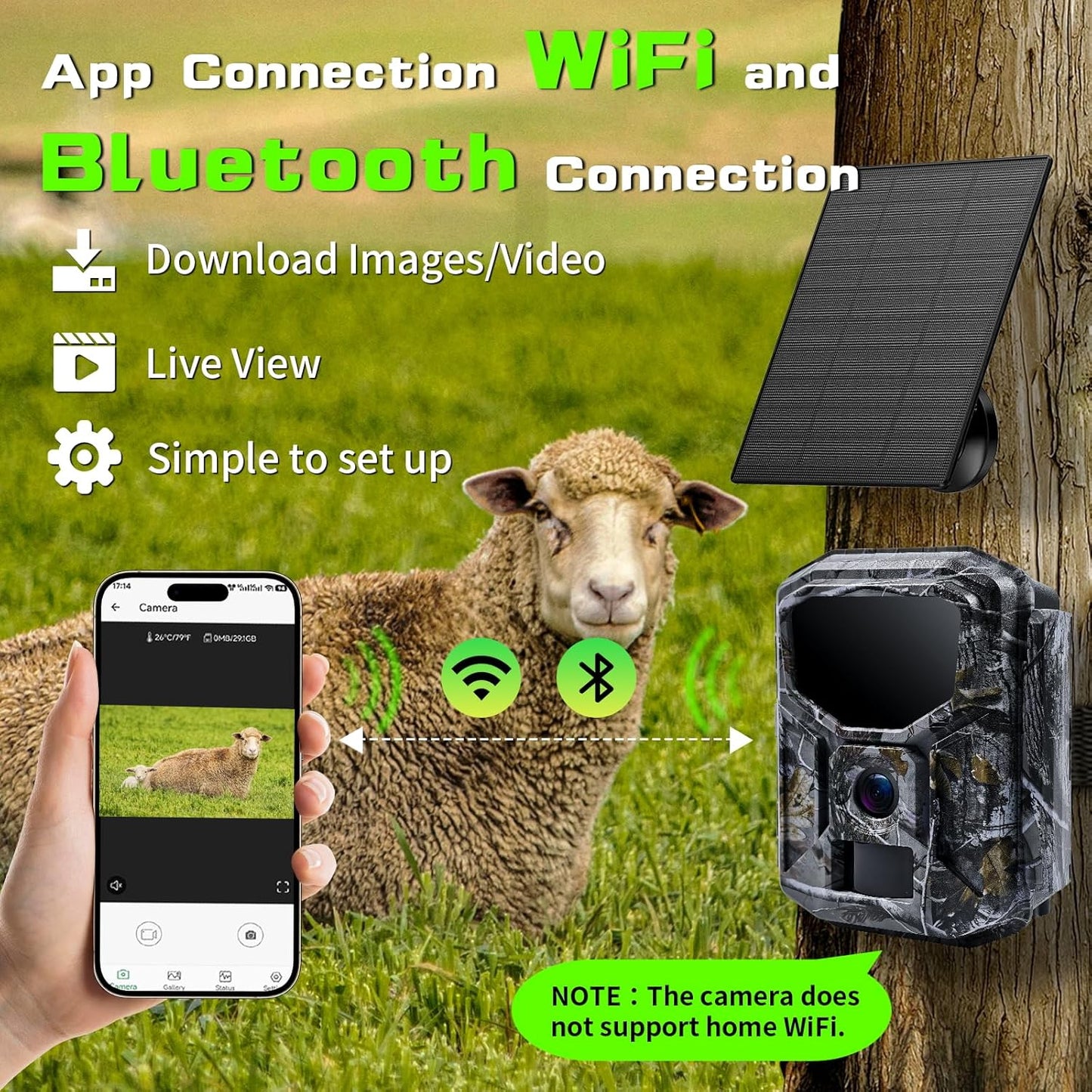Trail Camera - Solar Powered 4K 60MP WiFi Game Camera with 0.1s Trigger & 65FT Detection | IP66 Waterproof