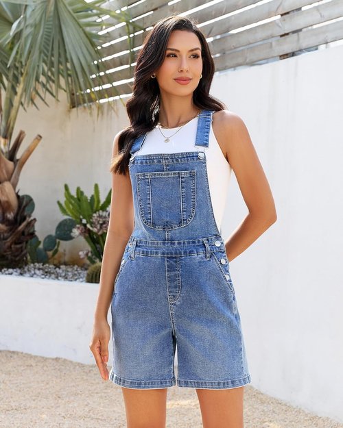 Luvamia Denim Overalls - Women's Loose Fit Baggy Jean Shorts | Casual Stretchy Adjustable Shortalls