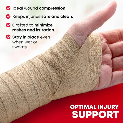 Ever Ready First Aid Self Adherent Cohesive Wrap Bandages, 2” x 5 Yards for First Aid, Sprains, Swelling, Sports, Pets, Tan Color – 12 Count