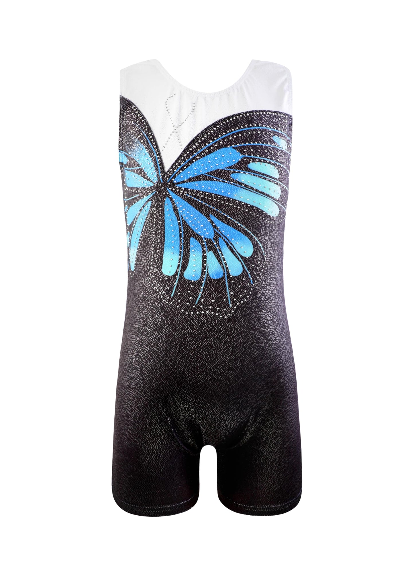 HOZIY Gymnastics Leotards for Girls Butterfly Blue Black White Spliced Biketard Tumbling Outfits Rhinestone Diamond 9-10 Years