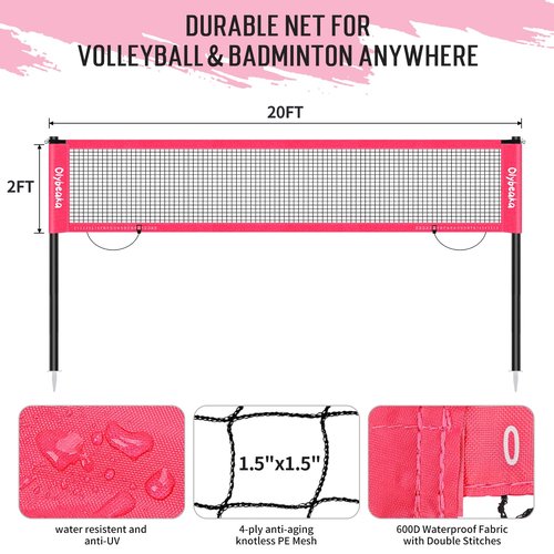 20ft Volleyball & Badminton Combo Net Set Outdoor for Backyard Beach with Adjustable Poles, Durable Anti-Sag Net, PU Volleyball, 2 Aluminum Rackets, Carry Bag for Easy Portable