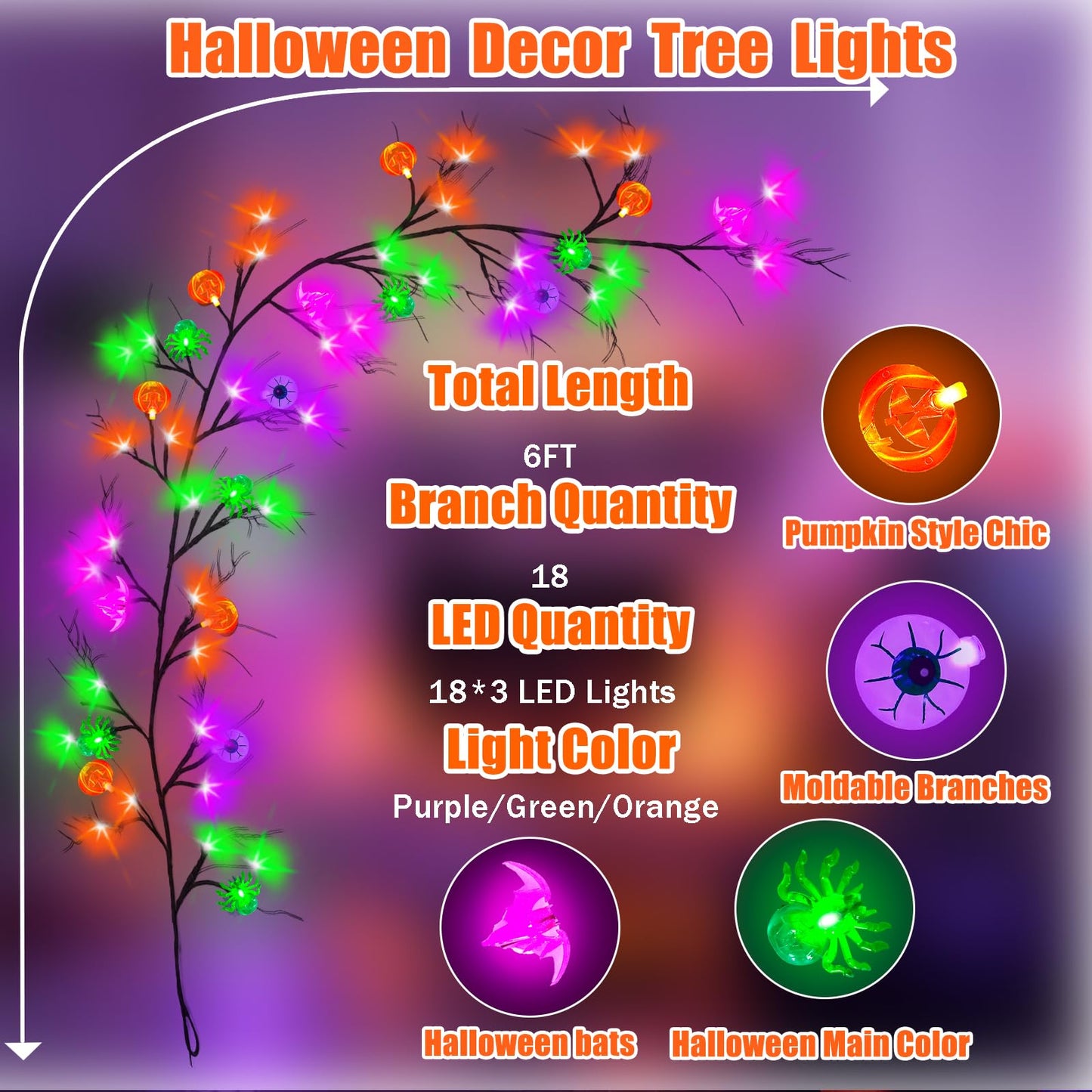 NPET 6 FT 54 LED Willow Twig Halloween Decorations Garland，Remote Control Pumpkin,Bats,Ghosts Eyeball Lights, 8 Modes Halloween Garland with Purple Green Orange Lights Indoor Mantle House Decor