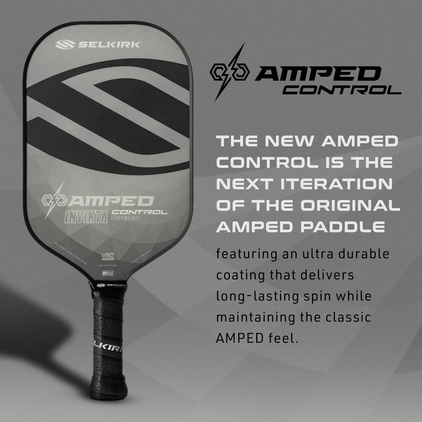 Selkirk Sport Amped Control Pickleball Paddle | Assembled in the USA | Next-Gen FiberFlex+ Face & Ultra Durable Spin Coating | 16mm X5 Core for Unrivaled Precision & Control | Invikta Lightweight Gray