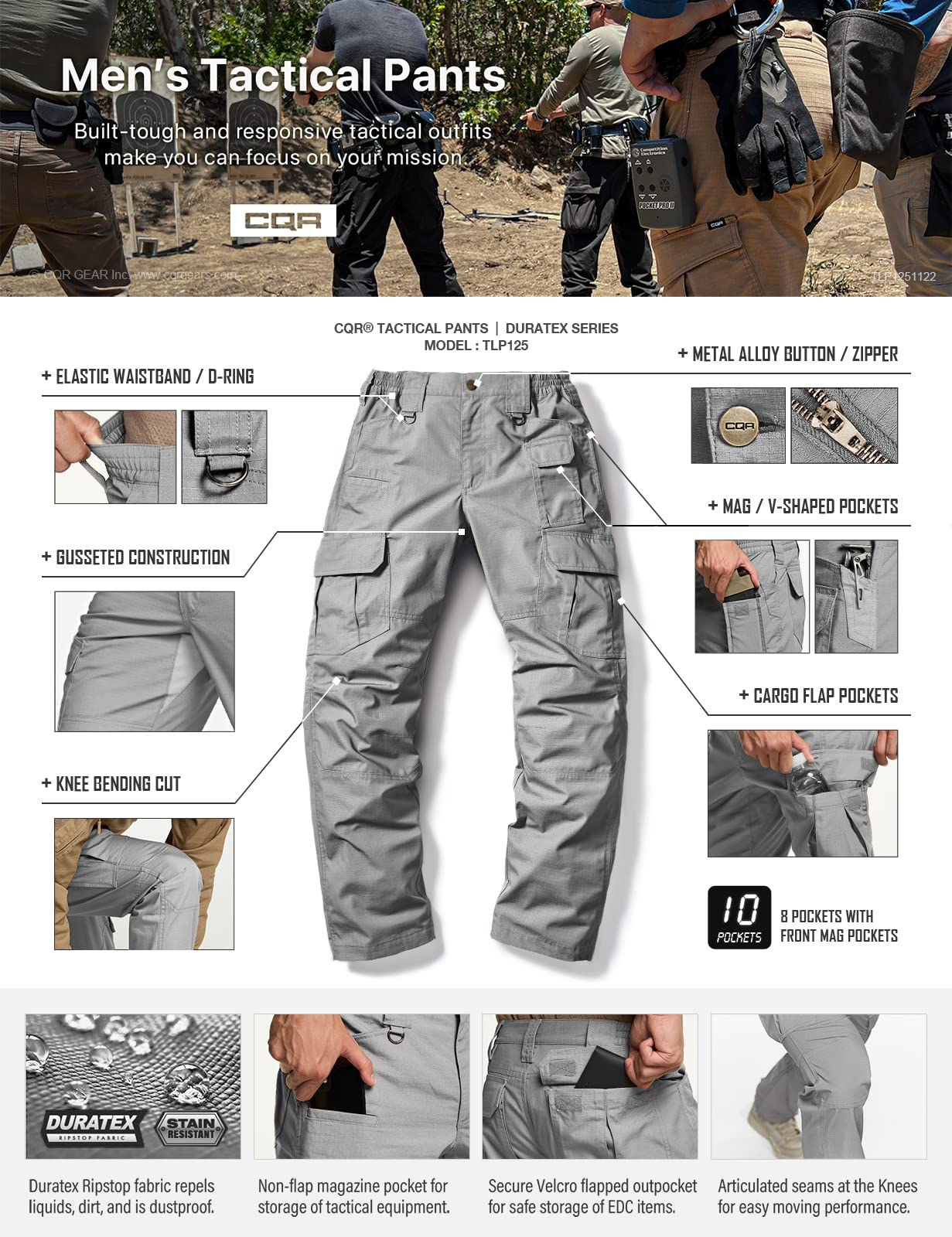 CQR Men's Tactical Pants, Water Resistant Ripstop Cargo Pants, Lightweight EDC Work Hiking Pants, Outdoor Apparel, Duratex Mag Pocket Stone, 28W x 30L