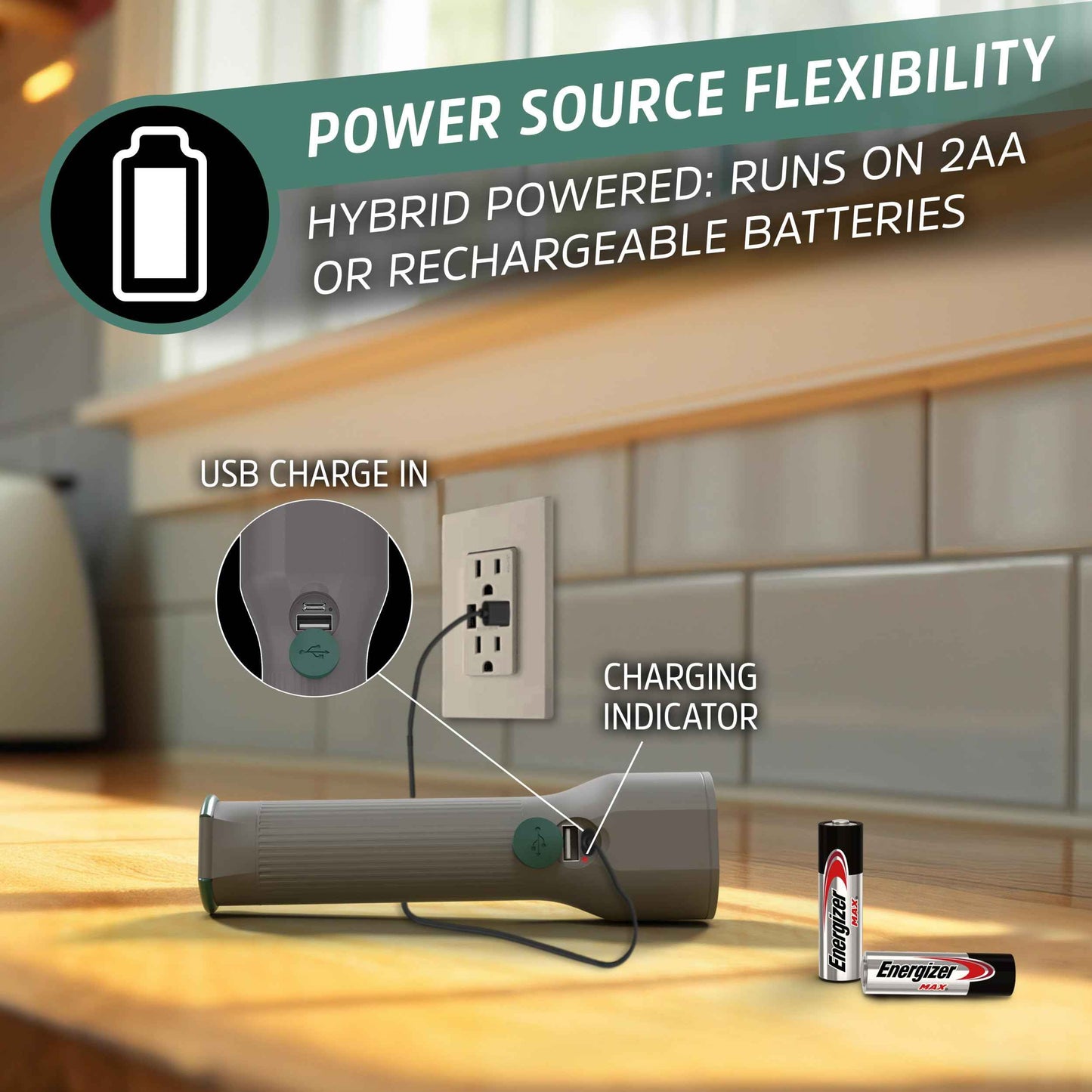 Energizer S-600 Hybrid Power LED Flashlight, Solar, Rechargeable, or AA Battery Powered, IPX4 Water Resistant Bright Flashlight