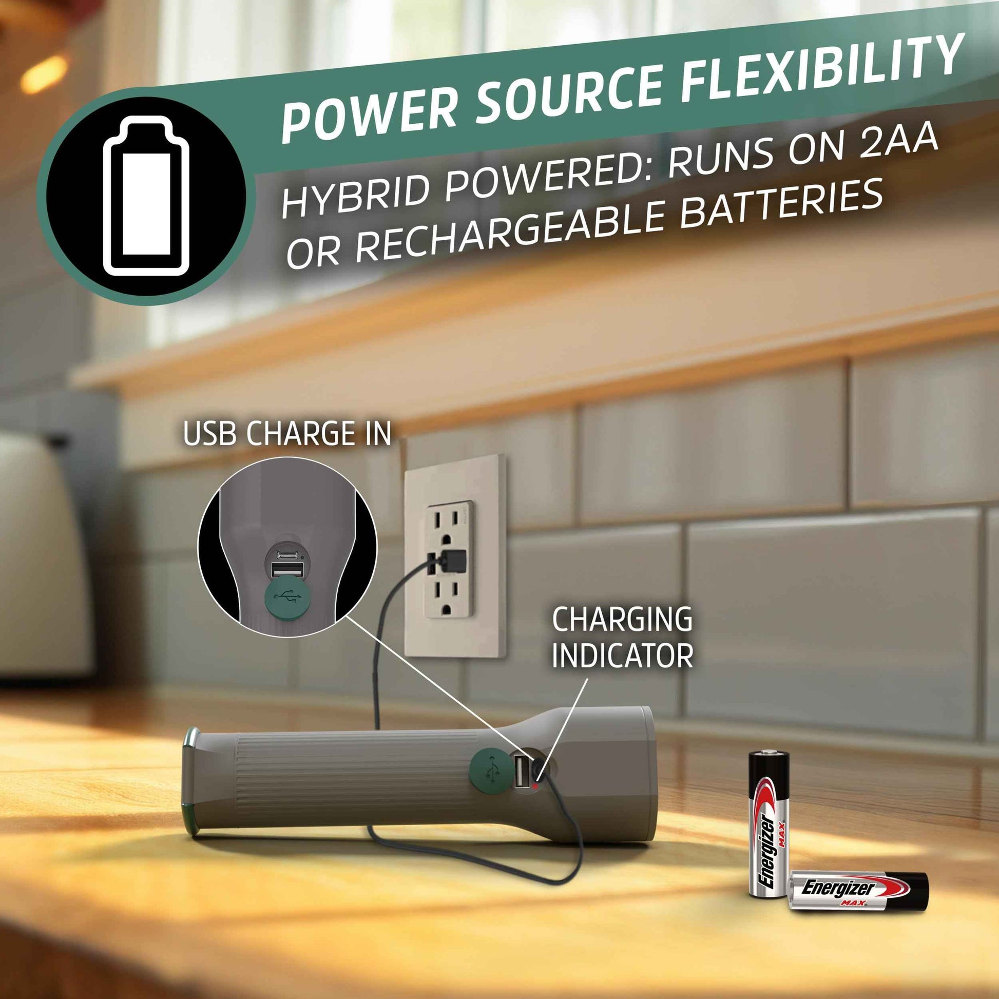 Energizer S-600 Hybrid Power LED Flashlight, Solar, Rechargeable, or AA Battery Powered, IPX4 Water Resistant Bright Flashlight