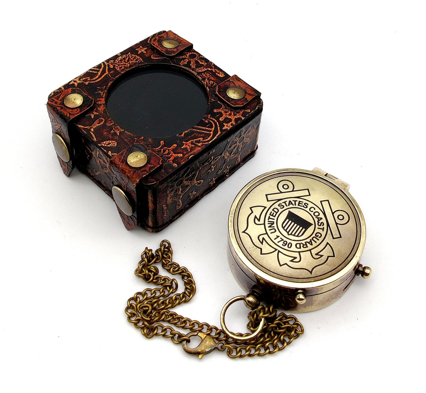5MoonSun5's US Coast Guard Engraved Brass Military Compass with Leather Display Case - Nautical Marine Navigation Compass for Hiking Camping for Army Person