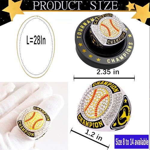 daijbling 12 Pcs Baseball Championship Ring Softball Ring Sport Ball Trophy Award Gift with Display Neck Chain and Stand for Tournament or League Champion Winner (12 pcs Gold Rings, Size 11)
