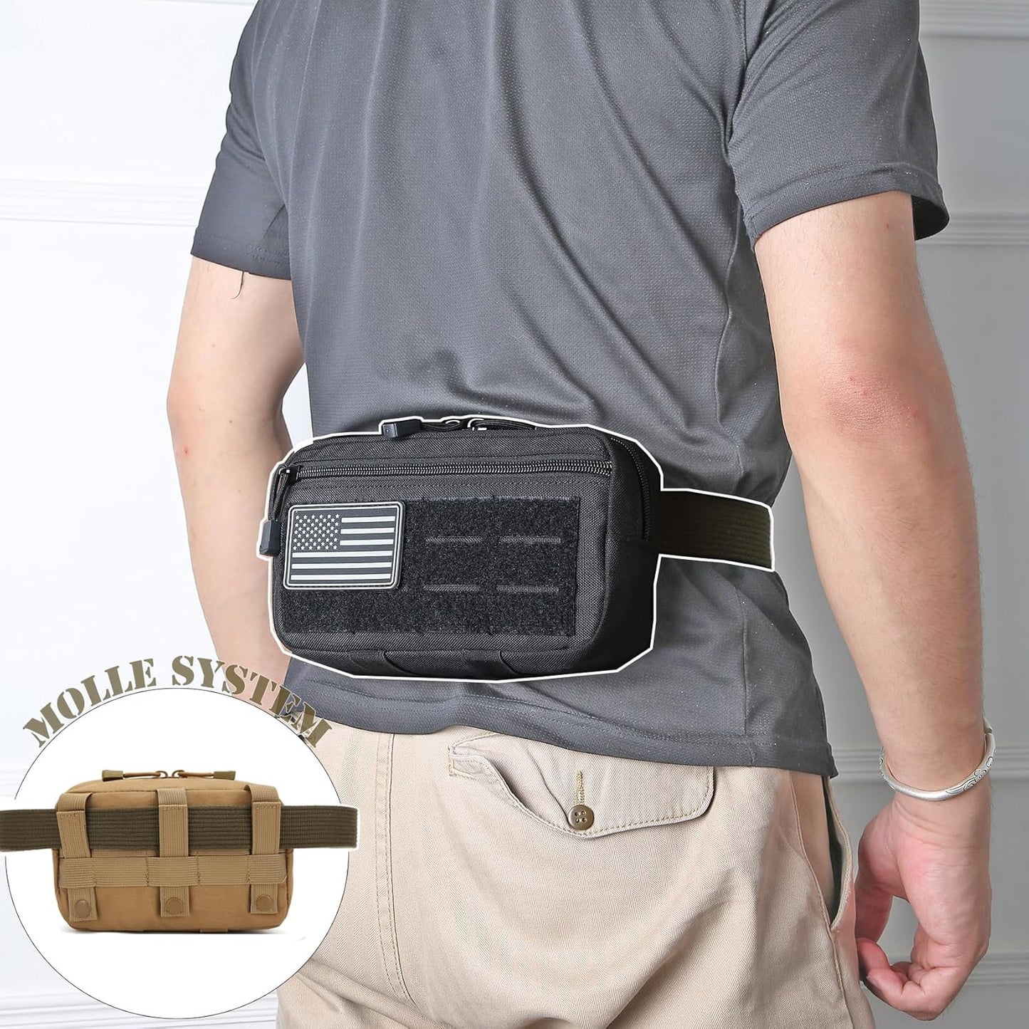 Skiennix Tactical Molle Admin Pouch - 2 Pack with US Flag Patch & Keychain | Utility EDC Tool Bag