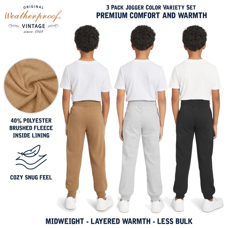 Weatherproof Vintage Boys' 3 Pack Variety Midweight Super Soft Fleece Lined Stretchable Jogger Pants, Tan Grey Black Set, X-Large
