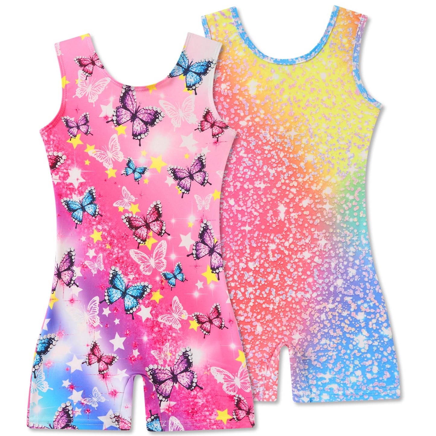 Taubow 2 Packs Gymnastics Leotards for Girls 4t 5t Rainbow Butterfly Tumbling Outfit Biketard with Shorts Gymnastics Outfit
